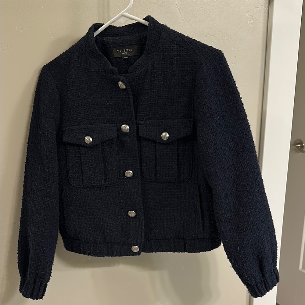 Talbots Women's Navy Blue  Tweed Button-Front Jacket
